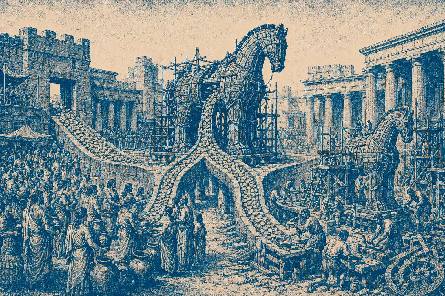 Coins flow like a river into two Trojan horses under construction in an ancient marketplace.
